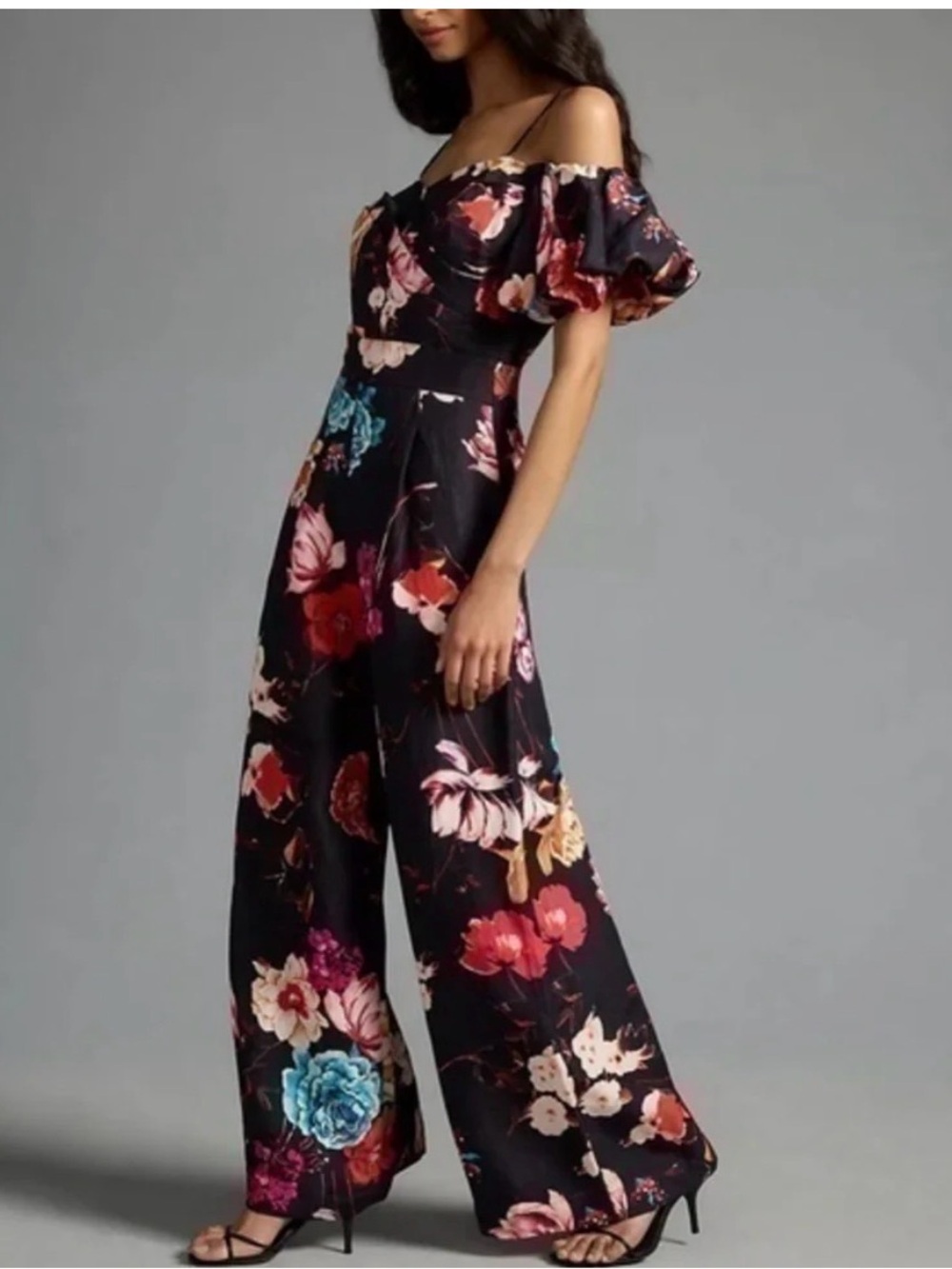 Anthropologie Floral Off-Shoulder Wide-Leg Jumpsuit - Black Floral